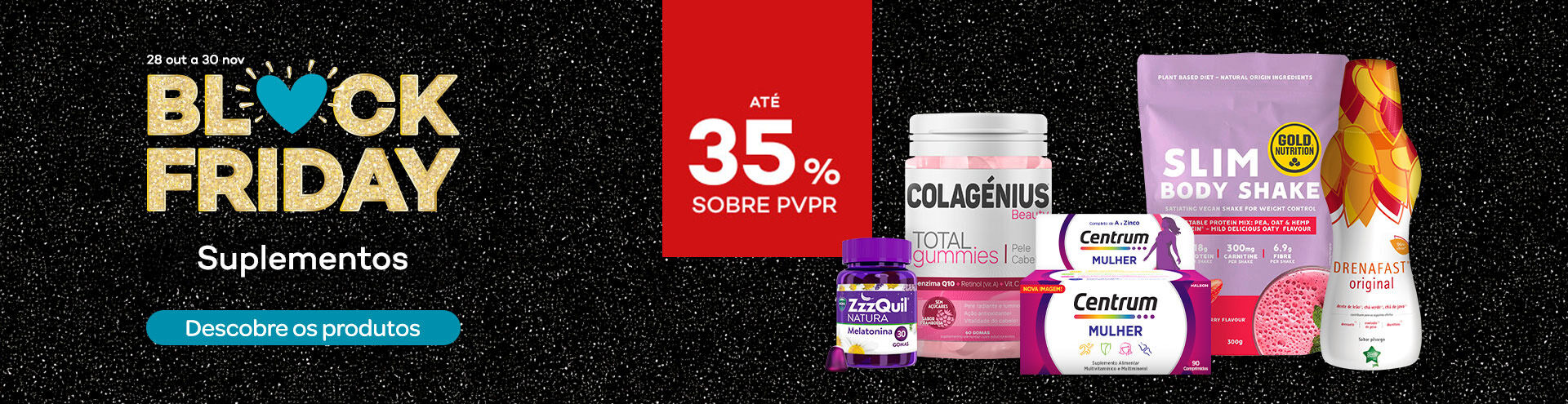 Destaque suplementos em campanha black friday com selo de desconto até 35% sobre preço de venda ao público recomendado