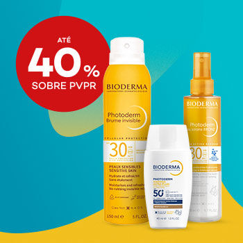 Três produtos solares Bioderma Photoderm em destaque com fundo azul e amarelo e selo de desconto até 40% sobre preço venda ao publico recomendado