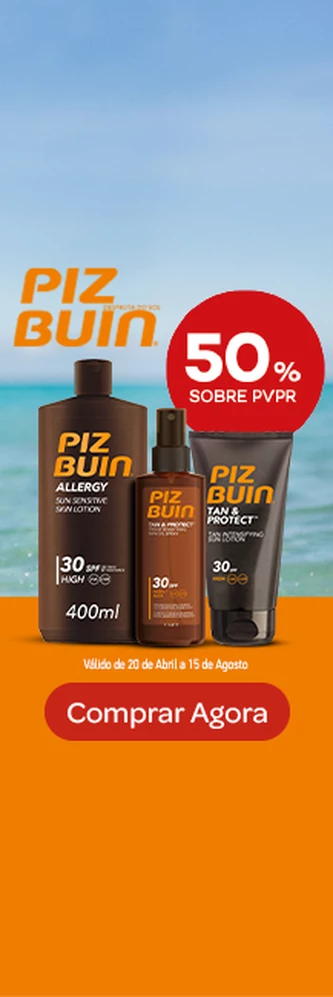 Marca Piz Buin season com destaque promocional de at&eacute; 50% sobre pre&ccedil;o de Venda ao P&uacute;blico Recomendado