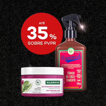 Destaque produtos de tratamento capilar em campanha black friday com selo de desconto até 35% sobre preço de venda ao público recomendado