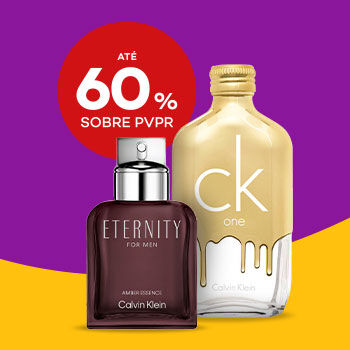 Calvin Klein com selo de desconto at&eacute; 60% sobre pre&ccedil;o de venda ao p&uacute;blico recomendado.