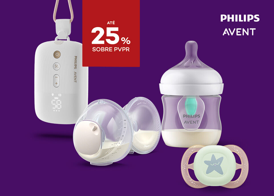 Destaque de produtos Philips Avent com selo de desconto até 25% sobre preço de venda ao público recomendado. 