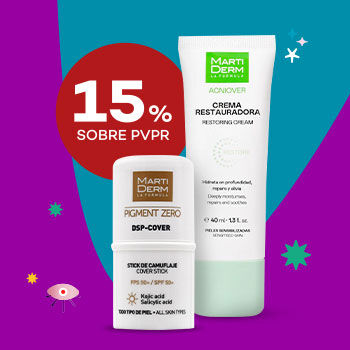 Destaque produtos Martiderm com selo de desconto 15% sobre preço de venda ao público recomendado