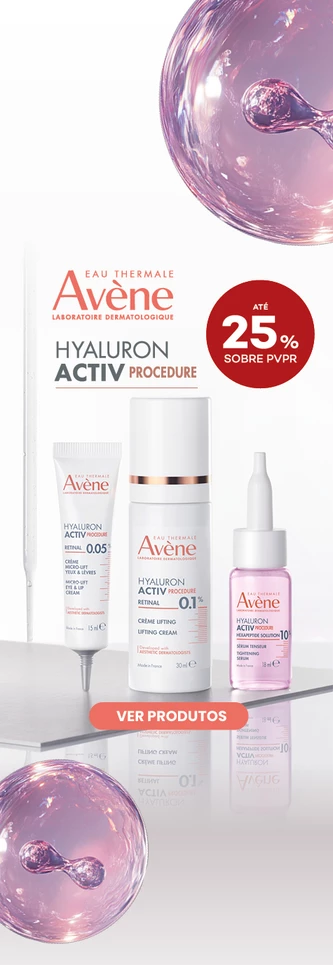 Produtos da gama Hyaluron Activ Procedure da marca Av&egrave;ne com destaque promocional de at&eacute; 25% sobre pre&ccedil;o de Venda ao P&uacute;blico Recomendada