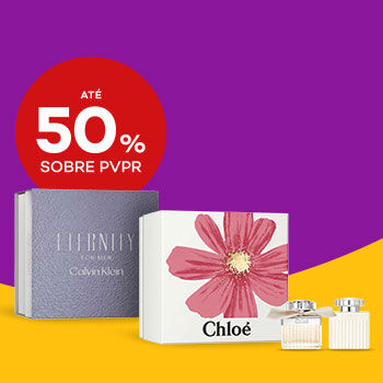 Coffrets de perfumes com selo de desconto até 50% sobre preço de venda ao público recomendado