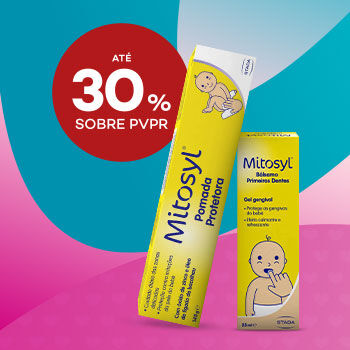Marca Mitosyl com destaque promocional de até 30% sobre preço de Venda ao Público Recomendado