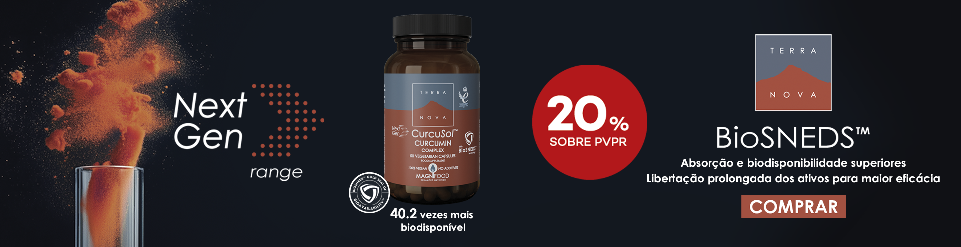 A gama Next Gen Curcusyn Curcumin Complex da Terranova combina curcumina com tecnologia BioSNEDS&trade;, concebida para promover uma absor&ccedil;&atilde;o e biodisponibilidade superiores dos ativos. Com liberta&ccedil;&atilde;o prolongada para maior efic&aacute;cia, apresenta uma biodisponibilidade at&eacute; 40,2 vezes superior. Aproveita ainda 20% de desconto sobre PVPR. Aproveita j&aacute;!