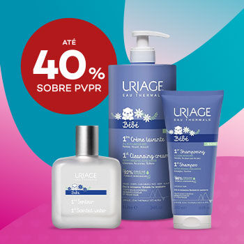 Marca Uriage com destaque promocional de até 40% sobre preço de Venda ao Público Recomendado.