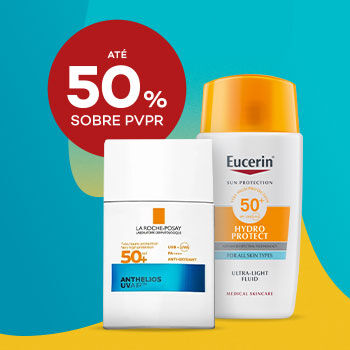 Frascos La Roche Posay Anthelios UVMUNE 400 e Eucerin Hydro Protect com desconto até 40% sobre preço de Venda ao Público Recomendado