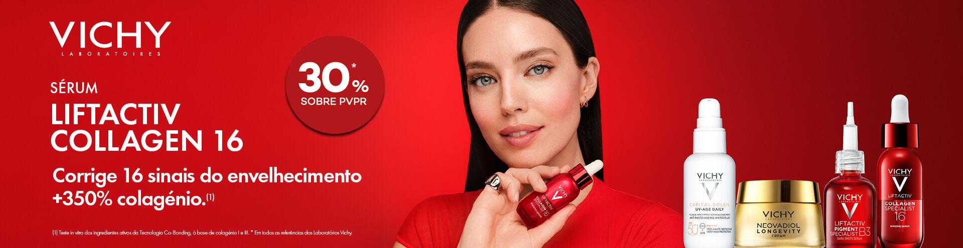 Vichy Laboratoires. S&eacute;rum Liftactiv Collagen 16. Com selo de desconto de 30% sobre PVPR. Corrige 16 sinais do envelhecimento. +350% colag&eacute;nio. Compra j&aacute;!