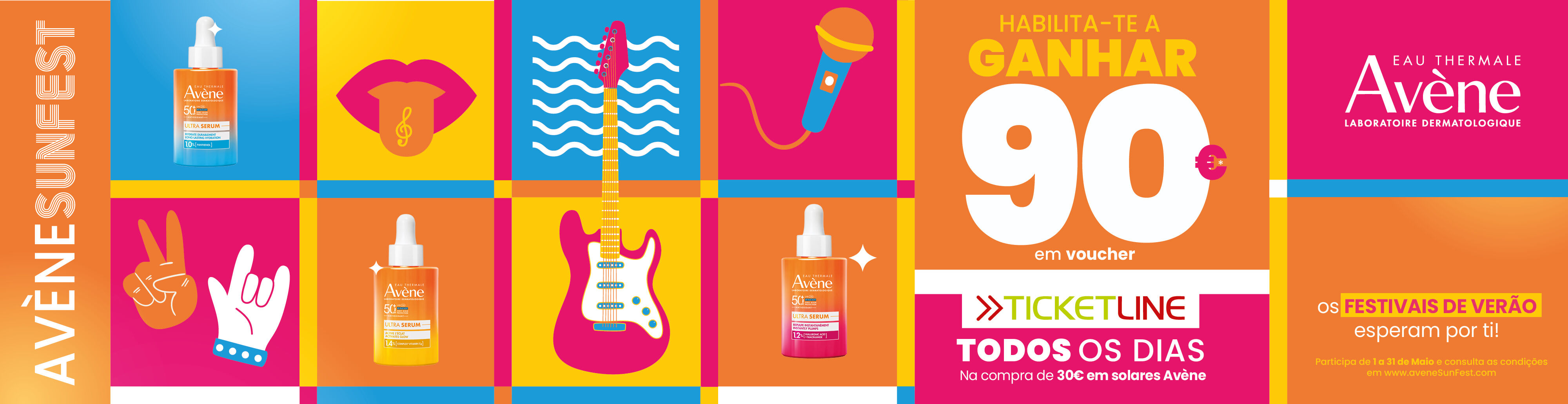 Av&egrave;ne Sunfest, habilita-te a ganhar 90&euro; em voucher todos os dias. Na compra de 30&euro; em Solares Av&egrave;ne.