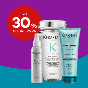Produtos de K&eacute;rastase com selo de desconto at&eacute; 30% sobre pre&ccedil;o de venda ao p&uacute;blico recomendado.