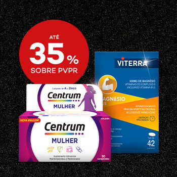 Destaque suplementos Multivitamínicos em campanha black friday com selo de desconto até 35% sobre preço de venda ao público recomendado