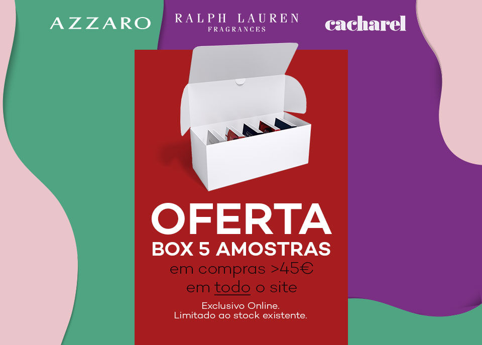 Caixa branca aberta com 5 amostras de beleza com destaque para a palavras "Oferta" sobre fundo de colorido Caixa branca aberta com 5 amostras de beleza com destaque para a palavras "Oferta" sobre fundo de colorido