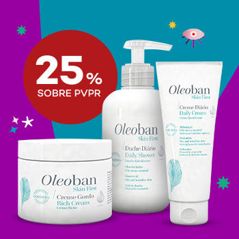 Produtos Oleoban em destaque com selo de desconto até 25% sobre preço de venda ao público recomendado