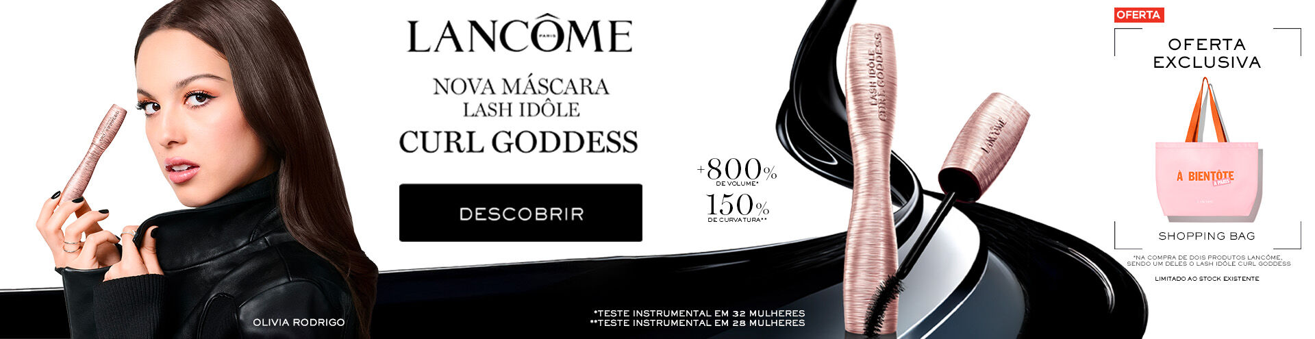 L&acirc;ncome, nova m&aacute;scara Lash Idole Curl Goddness. Com oferta exclusiva de uma shopping bag, na compra de dois artigos L&acirc;ncome, sendo um deles a m&aacute;scara Lash Idole Curl Goddness.
