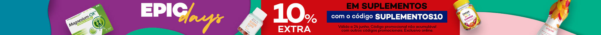 Epic Days - 10% extra Suplementos com o c&oacute;digo - SUPLEMENTOS10- dia 24 junho. exclusivo online. limitado ao stock existente. n&atilde;o acumulavel com outros codigos promocionais.