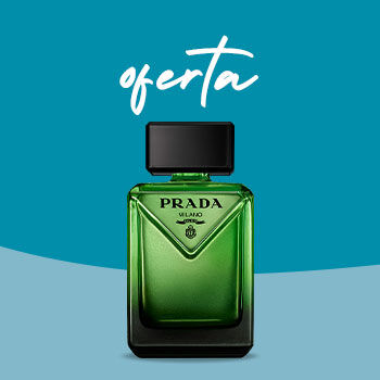 Mini perfume verde de homem prada com a palavra oferta
