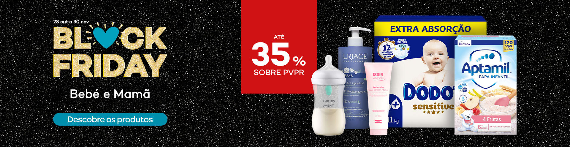 Destaque produtos bebé e mamã em campanha black friday com selo de desconto até 35% sobre preço de venda ao público recomendado