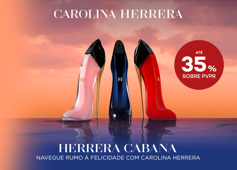 Fragrâncias Carolina Herrera Good Girl em frascos de salto alto rosa, azul e vermelho ao pôr do sol