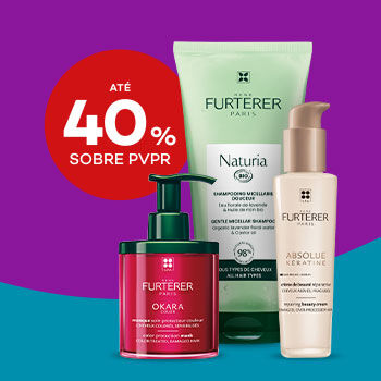 Ren&eacute; Furterer com selo de desconto at&eacute; 40% sobre pre&ccedil;o de venda ao p&uacute;blico recomendado.