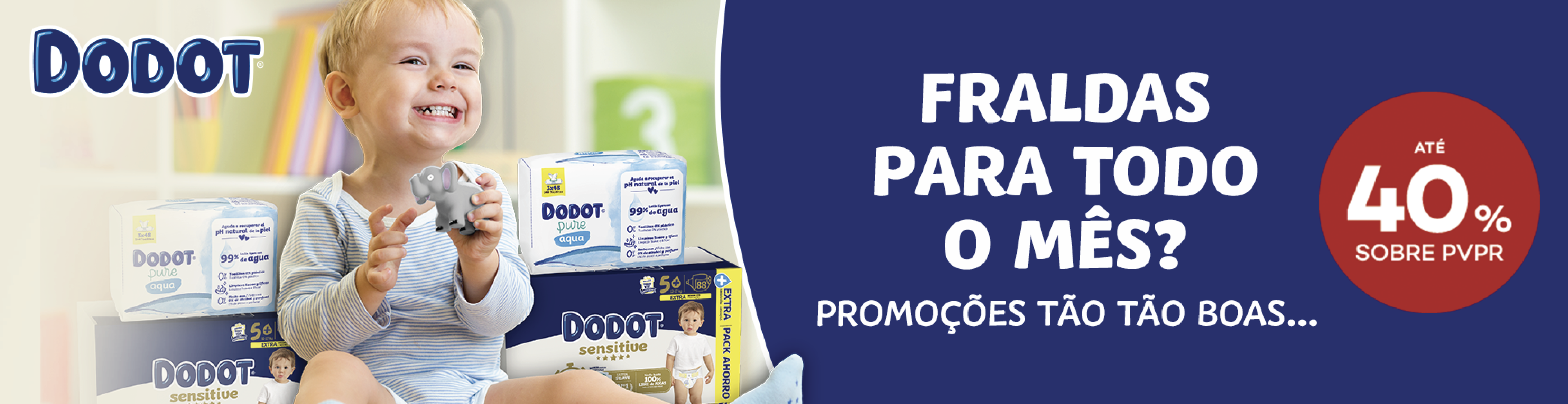 Fraldas para todo o m&ecirc;s, promo&ccedil;&otilde;es t&atilde;o t&atilde;o boa. Com selo de desconto at&eacute; 40% sobre pvpr.