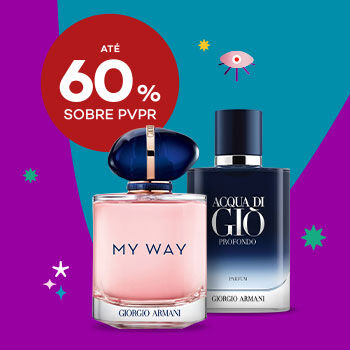 Perfumes Giorgio Armani com selo de desconto até 60% sobre preço de venda ao público recomendado.