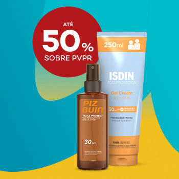 Protetores solares Piz Buin e ISDIN com desconto de até 50% sobre Preço de Venda ao Público Recomendado.
