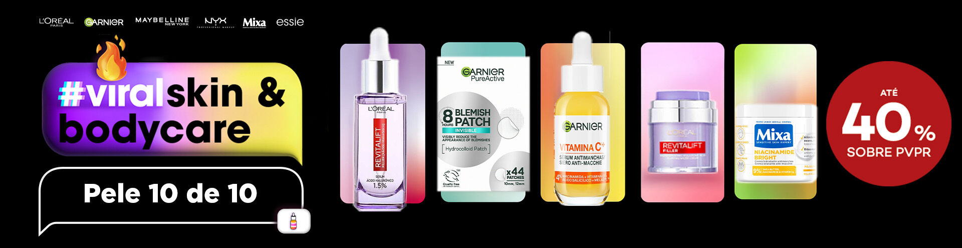 Destaque de cosmética L'Oréal Paris, Garnier e Mixa com selo de desconto até 40% sobre preço de venda ao público recomendado.