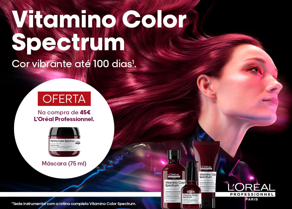 Destaque da oferta da mini máscara para o cabelo L'Oréal Professionnel e da gama Vitamino Color Spectrum