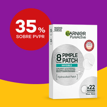 Caixa de adesivos Garnier Pure Active com 22 unidades em destaque e selo de desconto de 35% sobre PVPR