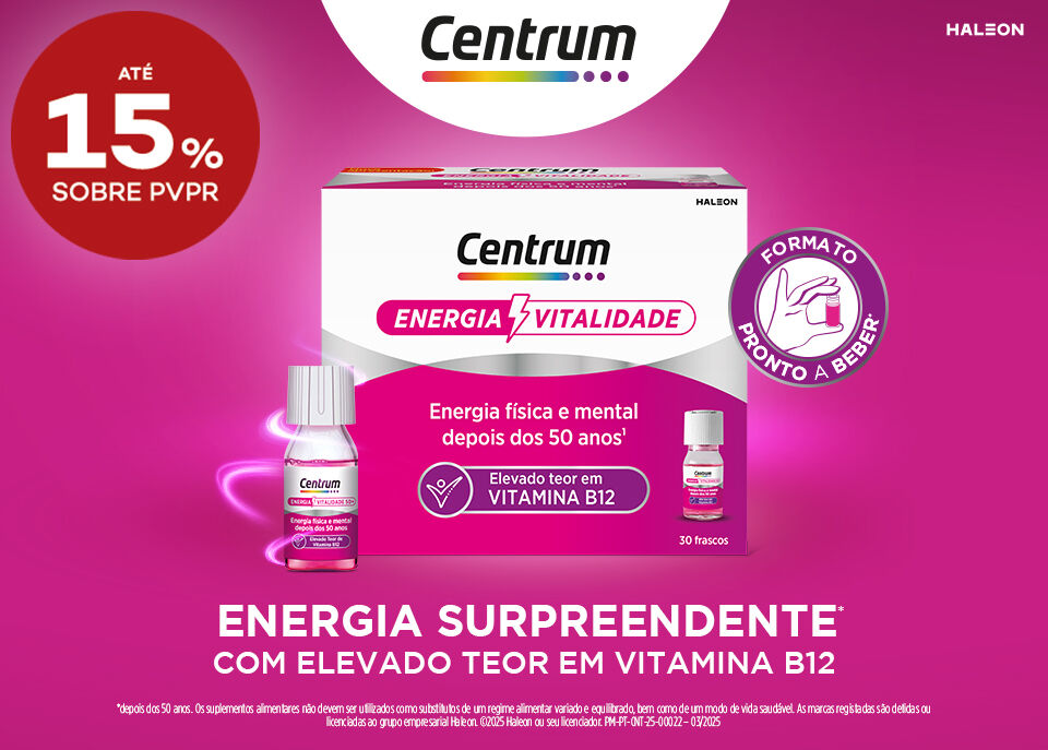 Centrum Energia com elevado teor em vitamina B12 e com 15% sobre preço de venda ao público recomendado. Centrum Energia com elevado teor em vitamina B12 e com 15% sobre preço de venda ao público recomendado.