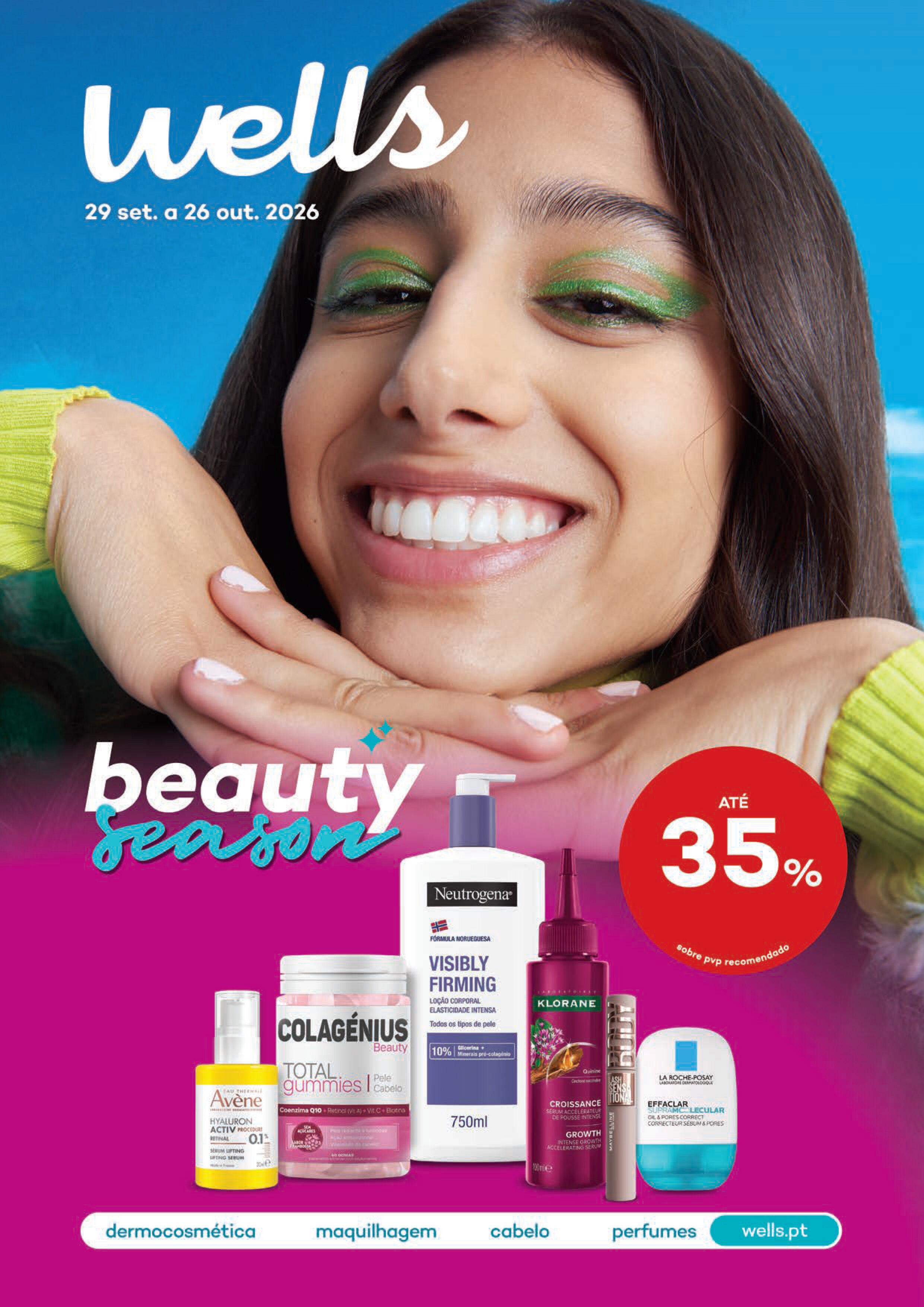 Capa do folheto Beauty Season com selo at&eacute; 35% sobre pre&ccedil;o de venda ao p&uacute;blico recomendado