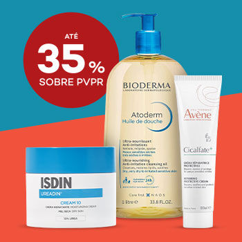 Produtos de cosmética com selo de desconto até 35% sobre preço de venda ao público recomendado