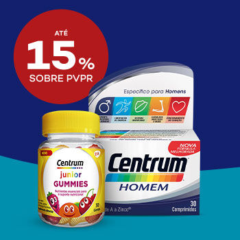 Produtos Centrum com selo de desconto até 15% sobre preço de venda ao público recomendado.