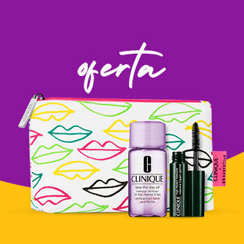 Oferta de bolsa branca com padrão colorido de lábios e miniaturas Clinique