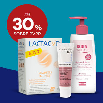 Produtos de Higiene Íntima com selo de desconto até 30% sobre preço de venda ao público recomendado.