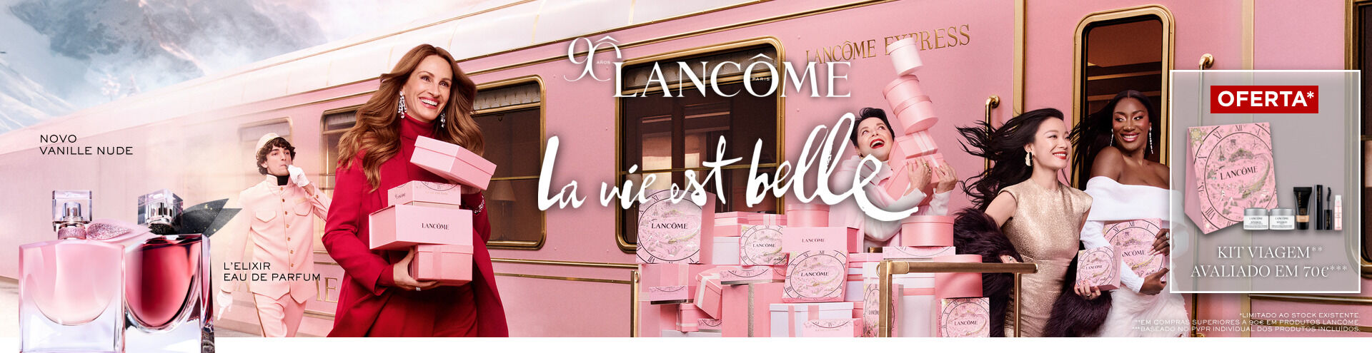 L&acirc;ncome, com oferta de Kit de Viagem avaliado em 70&euro;. Limitado a stock existente. Em compras superiores a 90&euro; em produtos lancome.