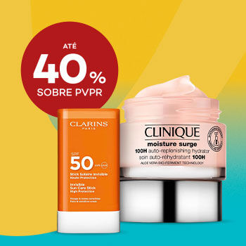 Protetor solar Clarins SPF 50 e creme Clinique Moisture Surge com até 40% sobre Preço de Venda ao Público Recomendado.