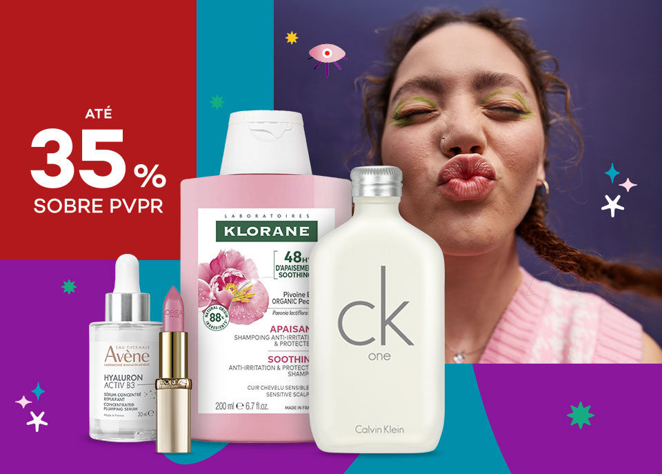 Destaque produtos em campanha Beauty Fest com selo de desconto até 35% sobre preço de venda ao público recomendado