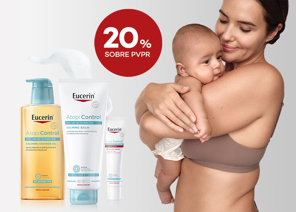 Destaque de gama Eucerin Atopicontrol com selo de desconto de 20% sobre preço de venda ao público recomendado. Destaque de gama Eucerin Atopicontrol com selo de desconto de 20% sobre preço de venda ao público recomendado.