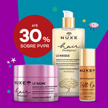 Produtos Nuxe com selo de desconto até 30% sobre preço de venda ao público recomendado.
