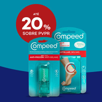 Produtos Compeed com selo de desconto até 20% sobre preço de venda ao público recomendado.
