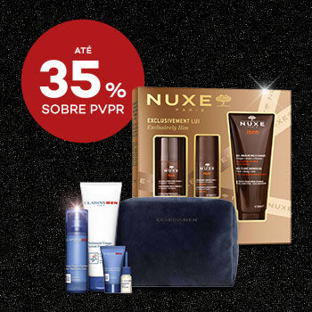 Destaque de coffrets de homem em campanha black friday com selo de desconto até 35% sobre preço de venda ao público recomendado