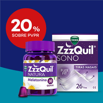 Produtos Zzzquil com selo de 20% sobre preço de venda ao publico recomendado.