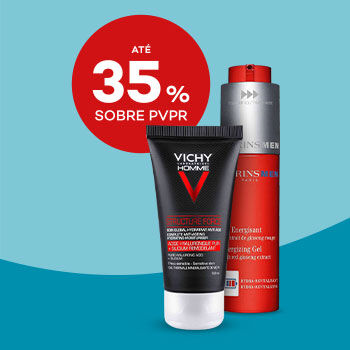 Cosm&eacute;tica de homem com selo de desconto at&eacute; 35% sobre pre&ccedil;o de venda ao p&uacute;blico recomendado.