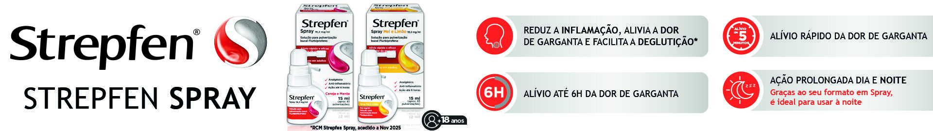 Strepfen Spray, reduz a inflama&ccedil;&atilde;o, alivia a dor de garganta e facilita a degluti&ccedil;&atilde;o.