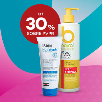 Produtos de Pele Atópica com selo de desconto até 30% sobre preço de venda ao público recomendado.