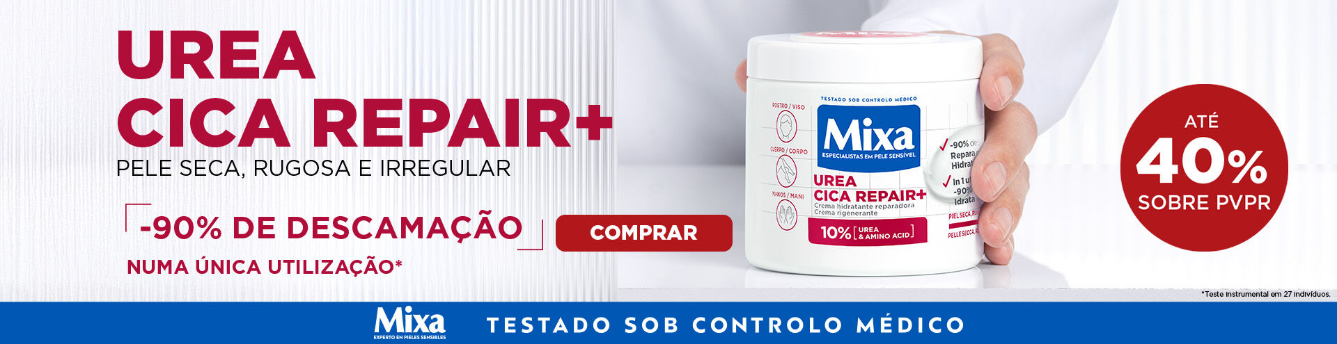 Mixa Urea Cica Repair+. Pele seca, rugosa e irregular. -90% de descama&ccedil;&atilde;o numa &uacute;nica utiliza&ccedil;&atilde;o!