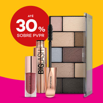 Makeup Revolution com selo de desconto at&eacute; 30% sobre pre&ccedil;o de venda ao p&uacute;blico recomendado.
